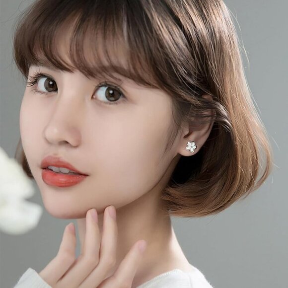 Sterling Silver Plumeria Flower Stud Earrings Cubic Zirconia Gift for Women - Picture 2 of 8